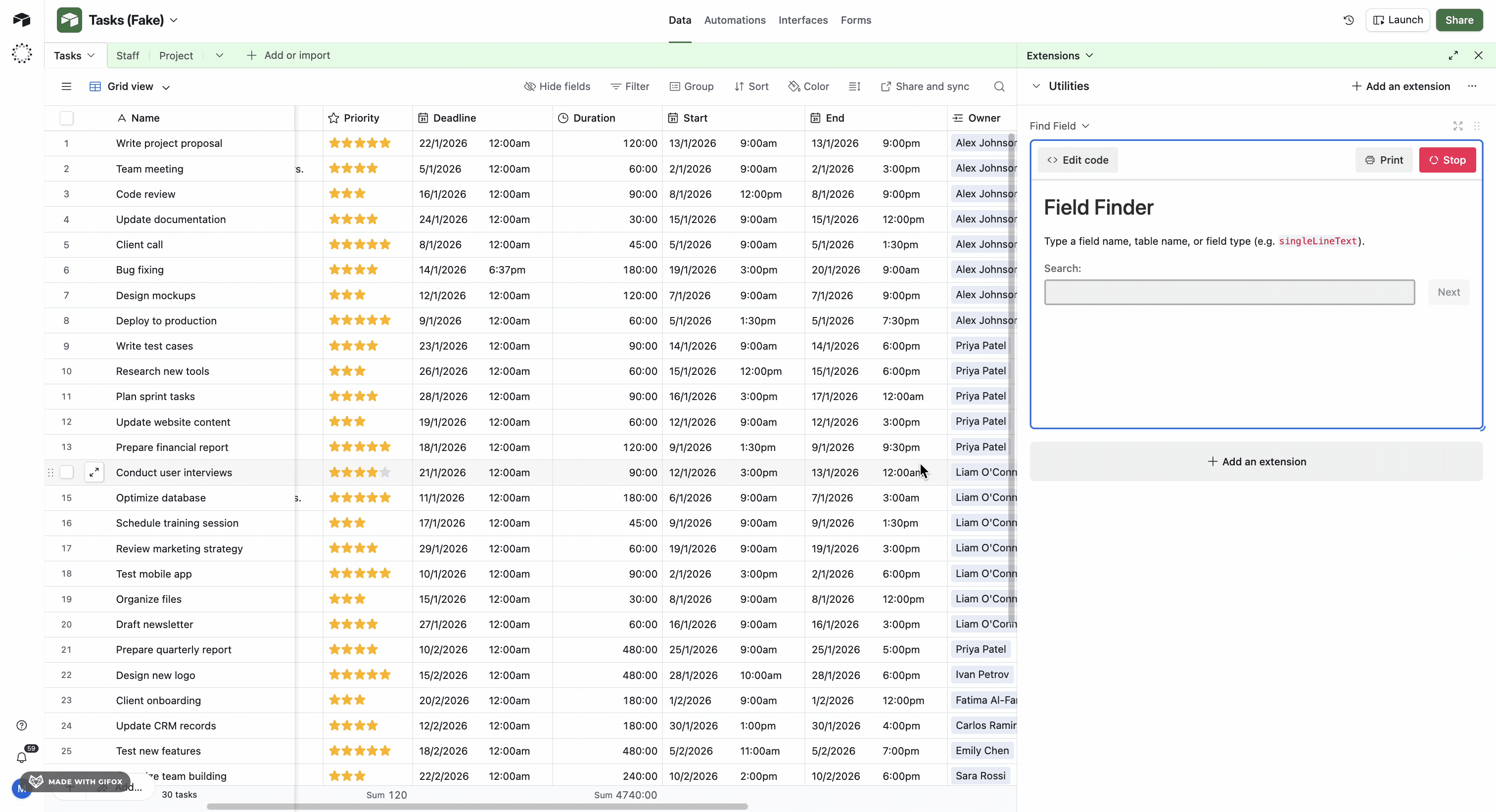 Gif of searching for Fields with a cusom extension in Airtable